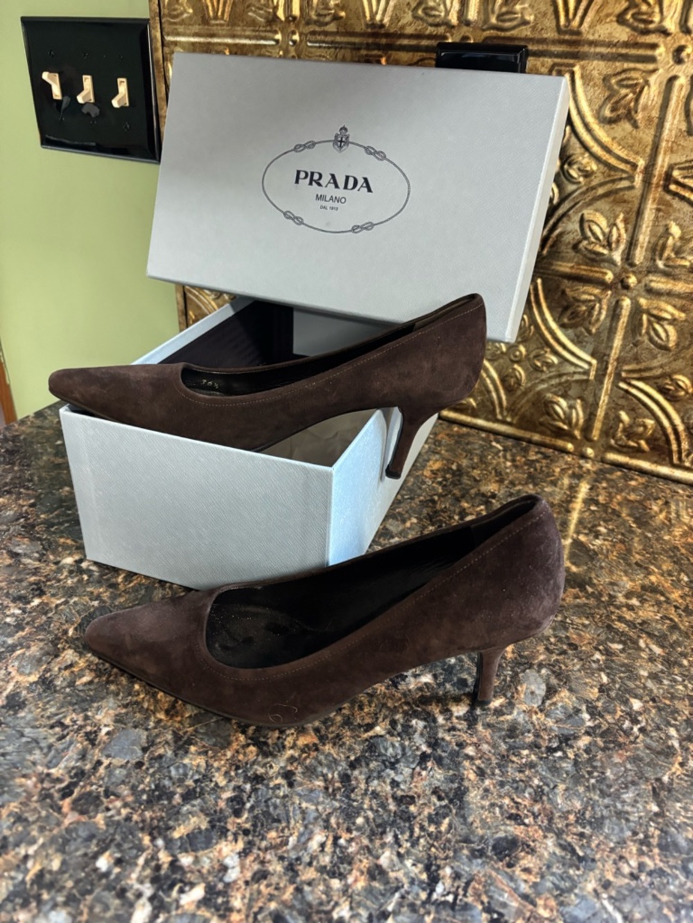 Prada Brown Suede Pointed-Toe Mid-Heel Pumps